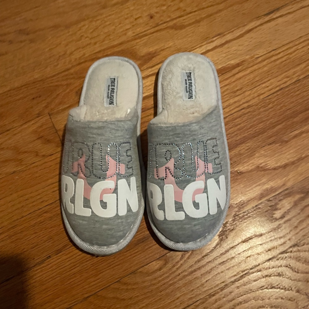 True religion pink white and grey slippers